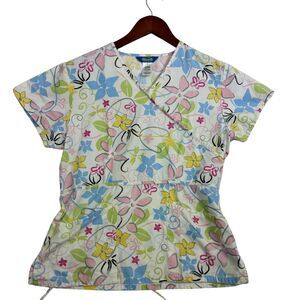 Scrub Works Womens M Floral Scrub Top White Pink Blue Mock Wrap Tie Back Nurse